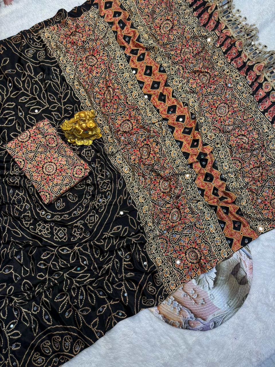 Black Modal Silk Saree with Floral Mandala Print, Mirror Lace Border &amp; Designer Pallu | Festive Wear Saree