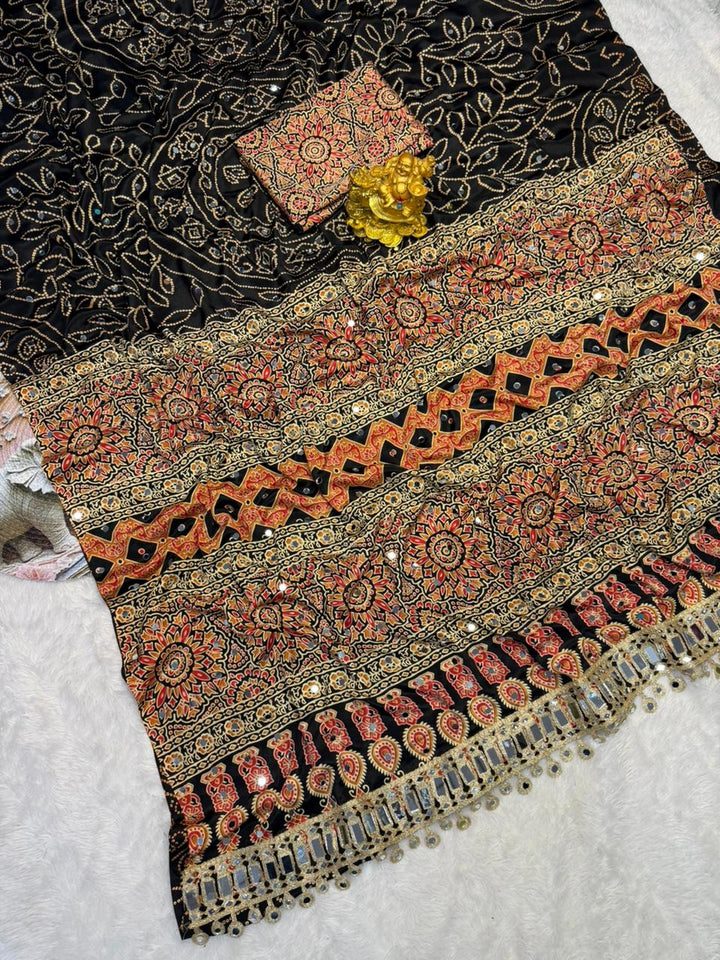 Black Modal Silk Saree with Floral Mandala Print, Mirror Lace Border &amp; Designer Pallu | Festive Wear Saree