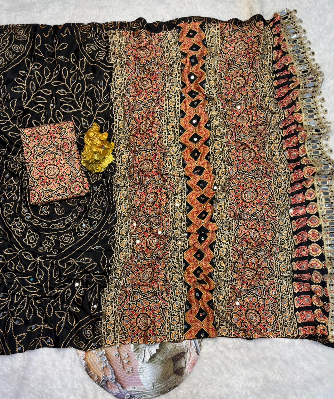 Black Modal Silk Saree with Floral Mandala Print, Mirror Lace Border &amp; Designer Pallu | Festive Wear Saree