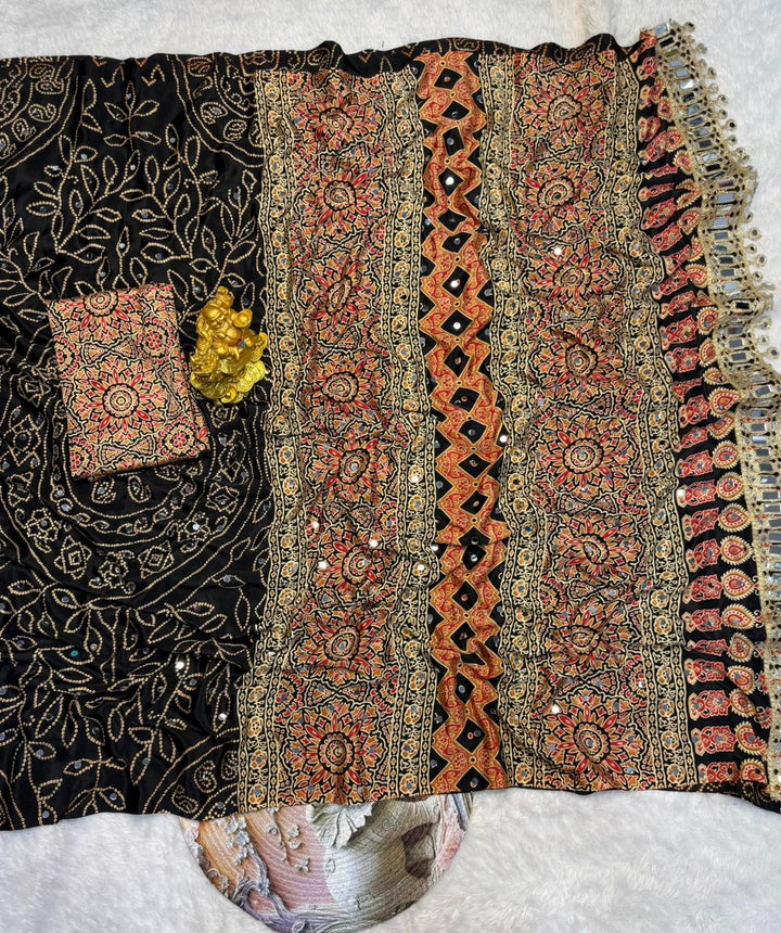 Black Modal Silk Saree with Floral Mandala Print, Mirror Lace Border &amp; Designer Pallu | Festive Wear Saree
