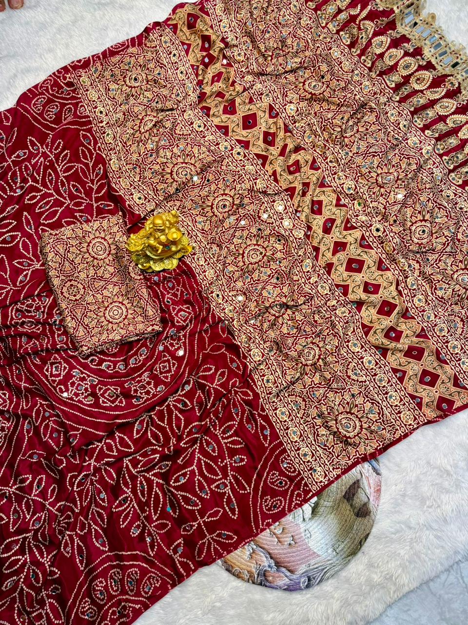 Wine Red Modal Silk Saree with Floral Mandala Print, Mirror Lace Border &amp; Designer Pallu | Festive Wear Saree