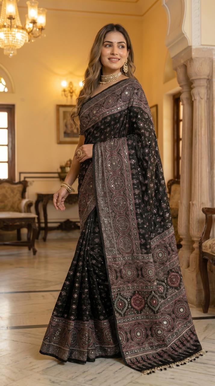 Black Modal Silk Ajrakh Printed Saree with Heritage Medallion Motifs, Rich Traditional Pallu &amp; Tassel Detailing