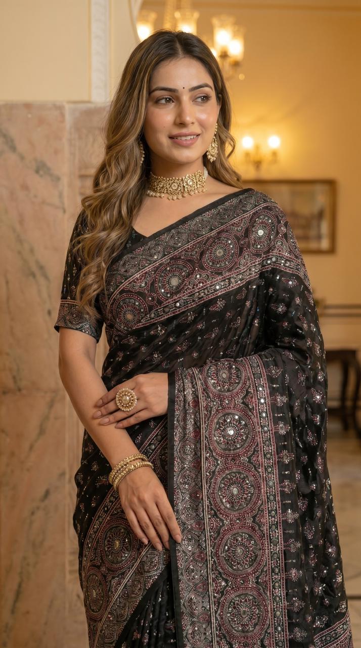 Black Modal Silk Ajrakh Printed Saree with Heritage Medallion Motifs, Rich Traditional Pallu &amp; Tassel Detailing