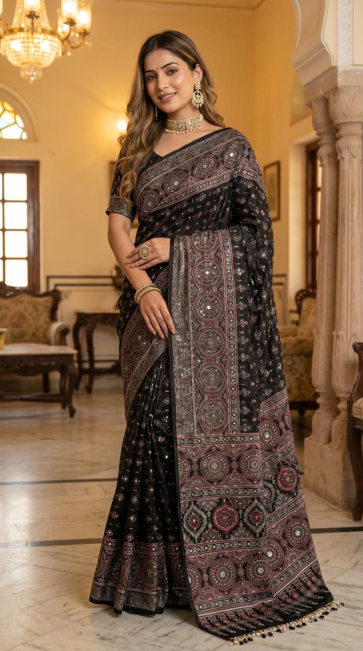 Black Modal Silk Ajrakh Printed Saree with Heritage Medallion Motifs, Rich Traditional Pallu &amp; Tassel Detailing