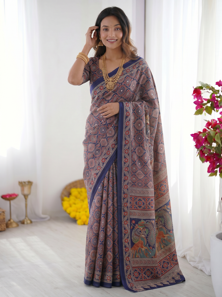 Royal Blue Modal Silk Saree with Intricate Ajrakh-Inspired Geometric Prints, Peacock Artistic Pallu &amp; Traditional Border