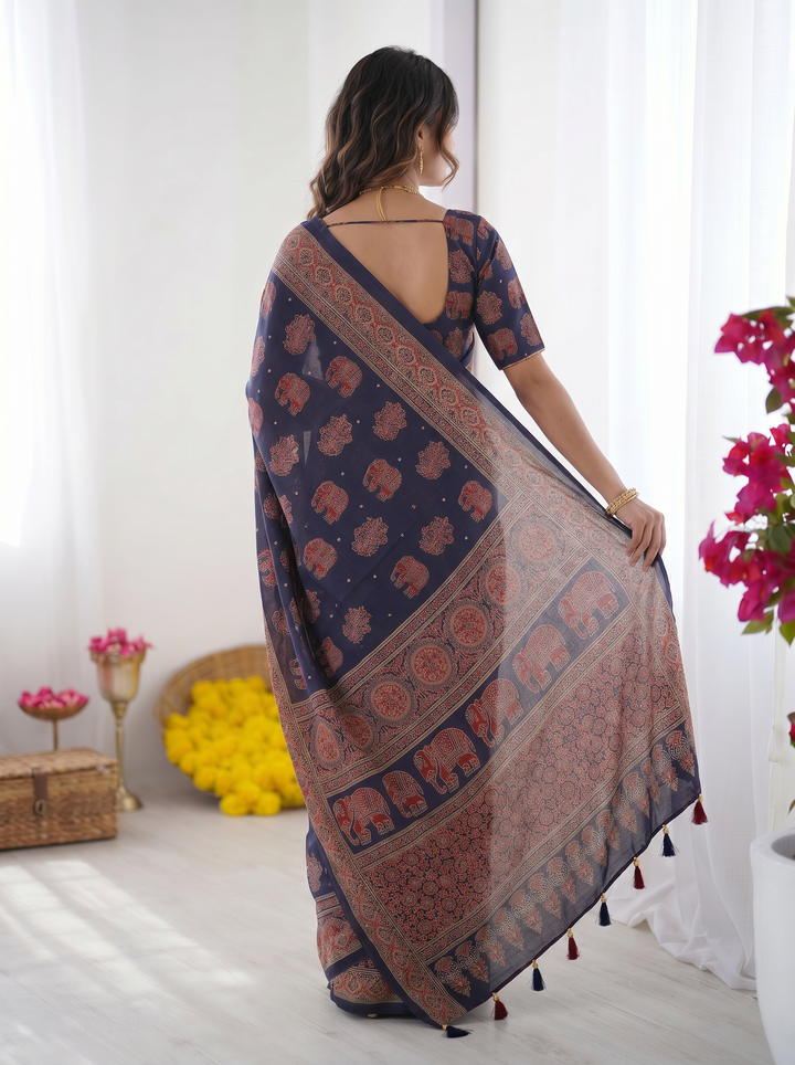 Navy Blue Modal Silk Saree with Elephant Motif Ajrakh Print &amp; Heritage Designer Pallu | Traditional Festive Wear Saree