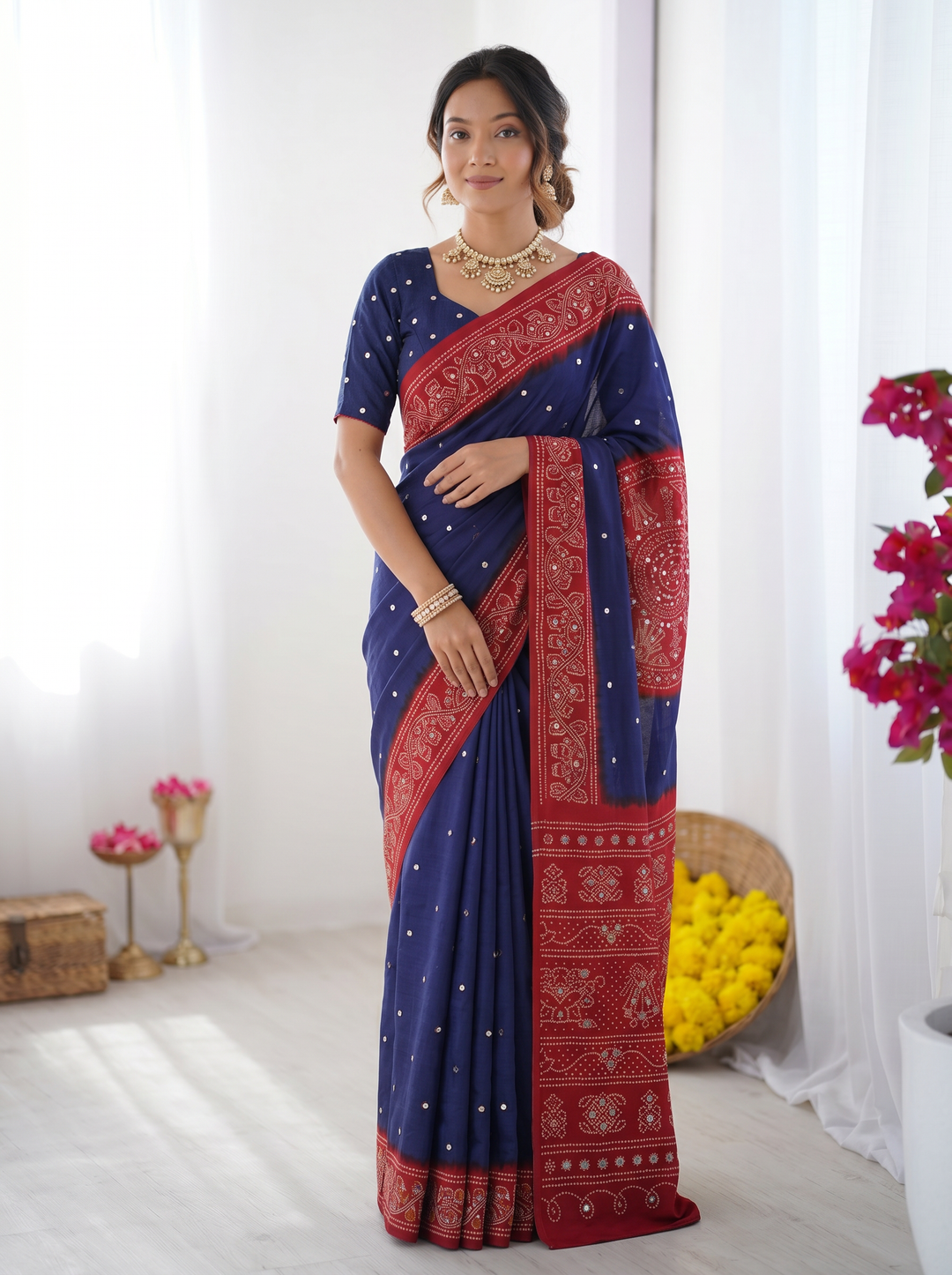 Royal Blue &amp; Crimson Red Bandhani Inspired Modal Silk Saree with Traditional Folk Art Pallu &amp; Stone Embellishments