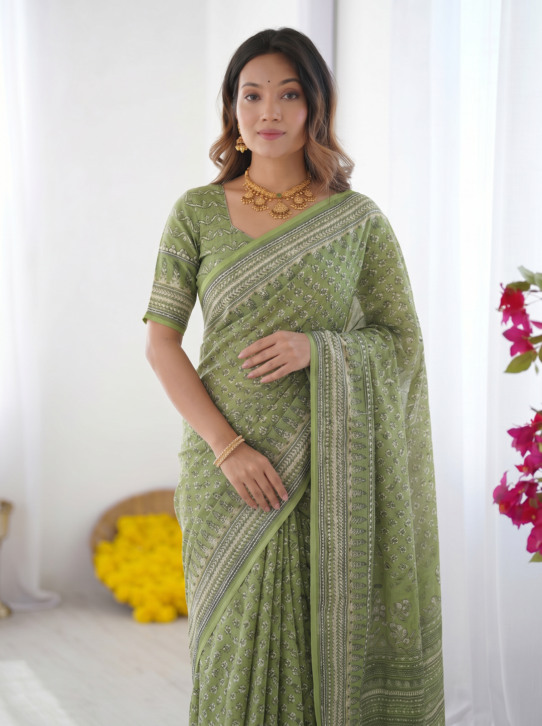 Sage Green Modal Silk Saree with Delicate Floral Butti Prints, Traditional Heritage Border &amp; Elegant Designer Pallu