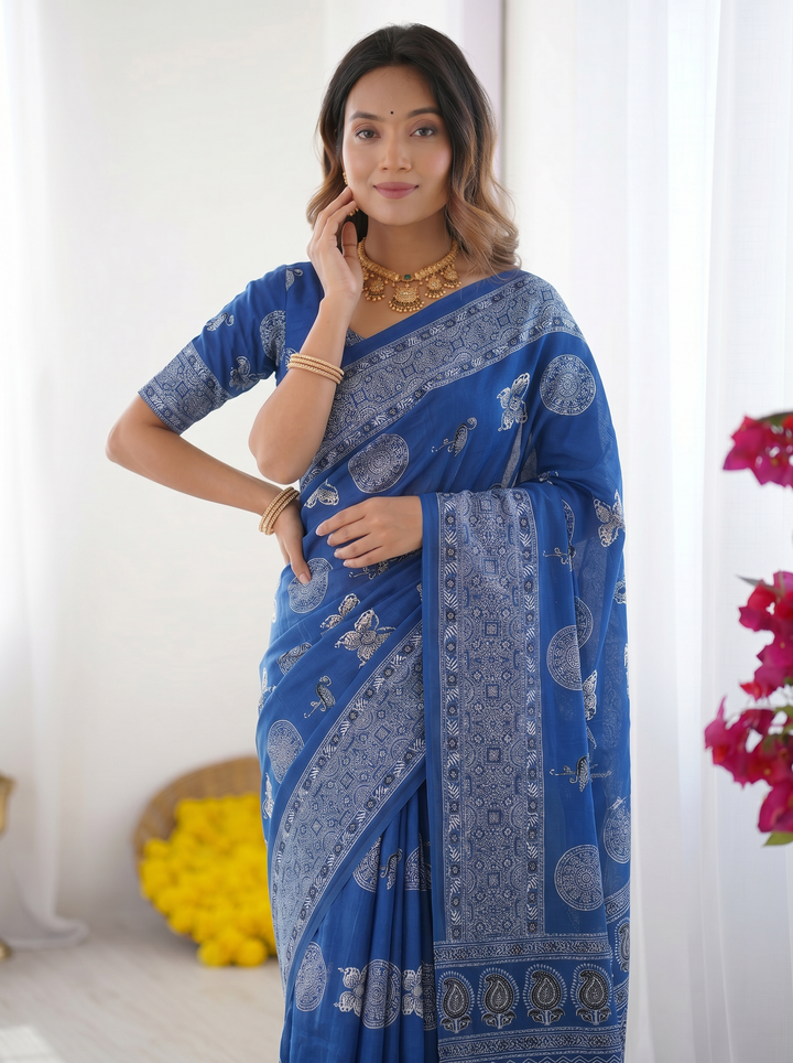 Royal Blue Modal Silk Saree with Paisley &amp; Circular Motif Print | Designer Heritage Pallu Saree for Festive Wear
