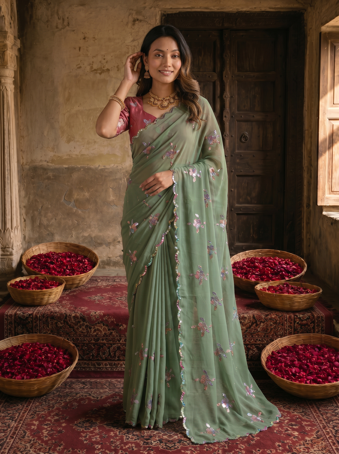 Sage Green Georgette Embroidered Saree with Floral Sequin Work &amp; Designer Blouse