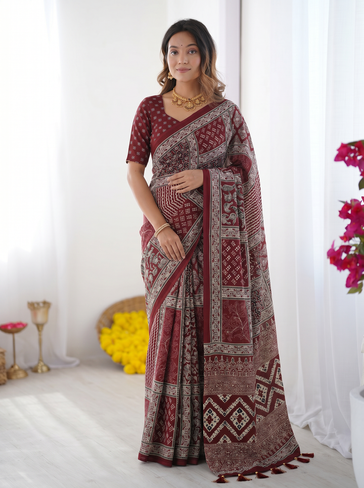 Maroon Modal Silk Saree with Tribal &amp; Geometric Print | Designer Ethnic Pallu Saree for Festive &amp; Cultural Wear