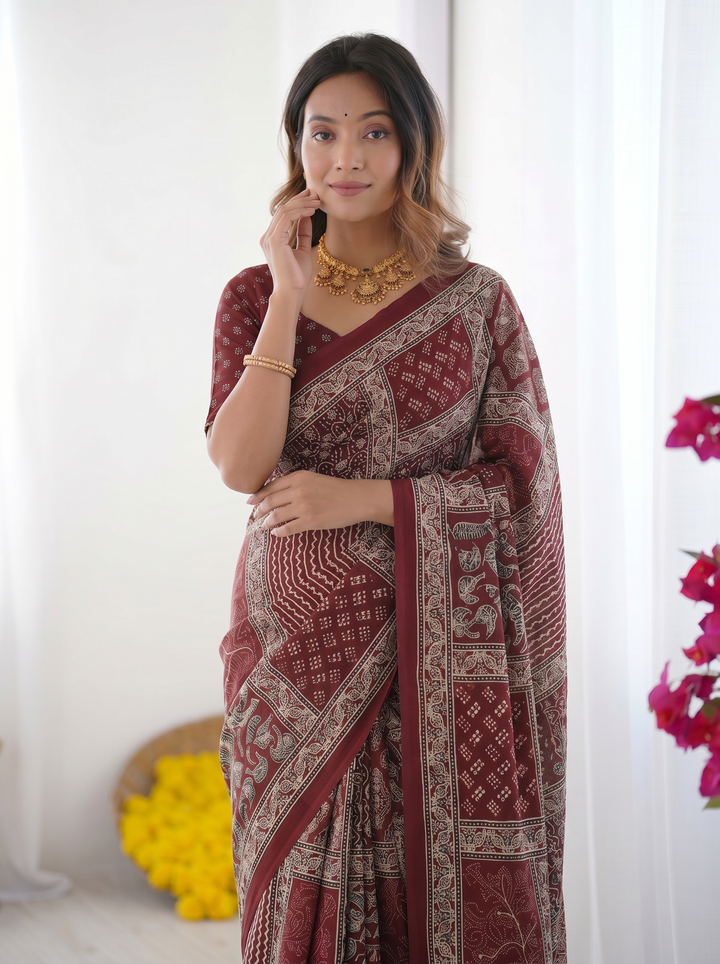 Maroon Modal Silk Saree with Tribal &amp; Geometric Print | Designer Ethnic Pallu Saree for Festive &amp; Cultural Wear
