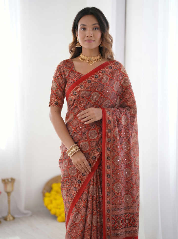 Rustic Brick Red Modal Silk Saree with Heritage Geometric Motifs, Traditional Designer Border &amp; Artistic Pallu