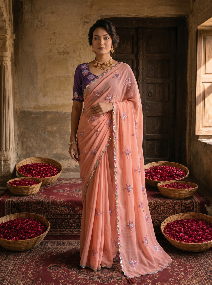 Peach Pink Georgette Embroidered Saree with Floral Sequin Work &amp; Contrast Purple Blouse