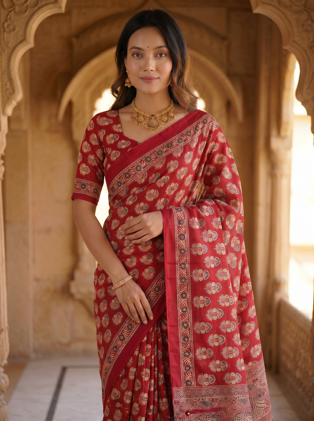 Royal Crimson Red Pure Modal Silk Saree with Heritage Floral Buti Print &amp; Traditional Designer Pallu