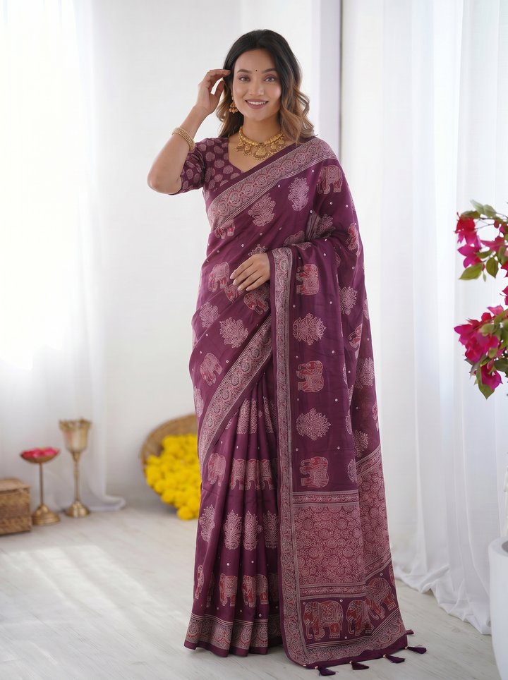 Plum Purple Modal Silk Saree with Elephant Motif Print &amp; Heritage Designer Pallu | Traditional Festive Wear Saree