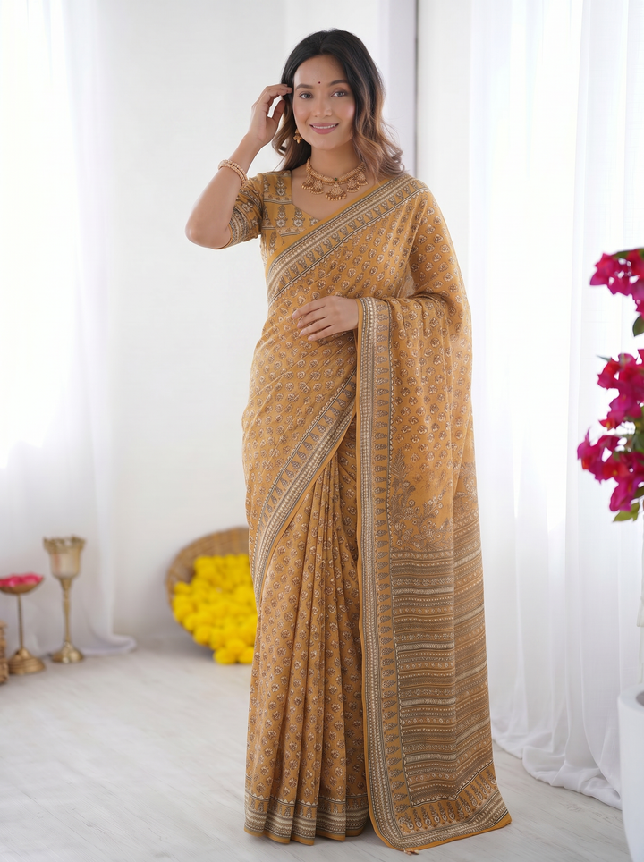 Mustard Yellow Modal Silk Saree with Traditional Floral Butti Prints, Heritage Border &amp; Elegant Designer Pallu