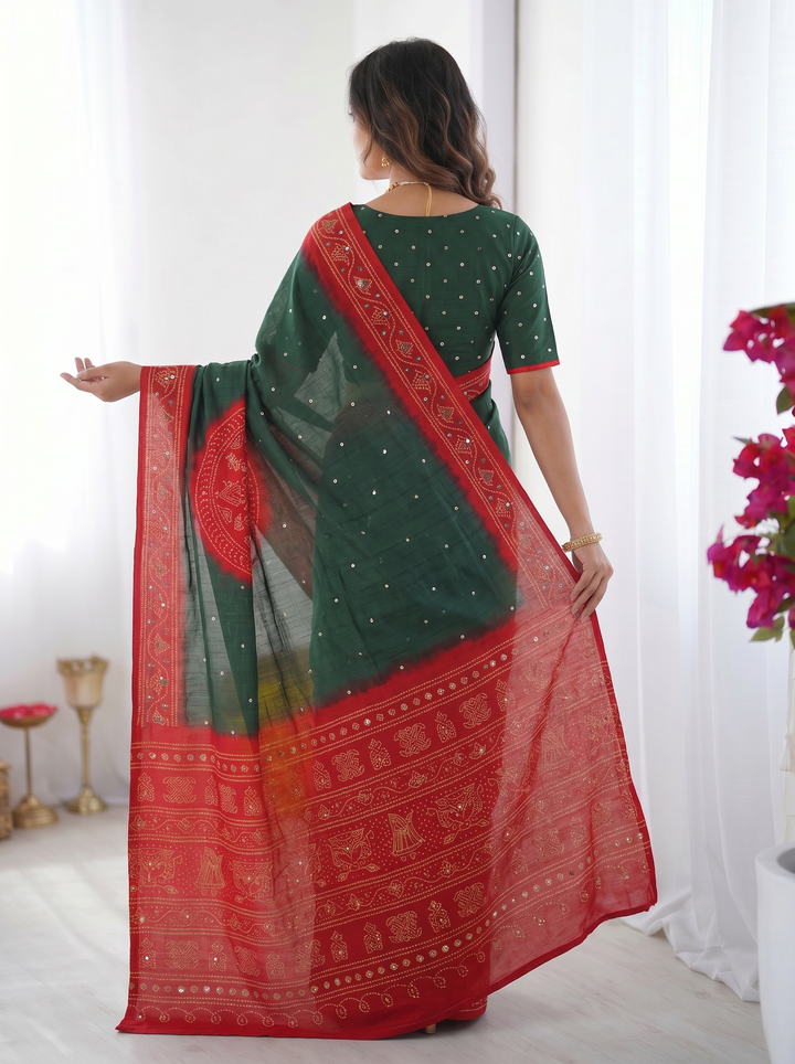 Bottle Green &amp; Ruby Red Bandhani Inspired Cotton Silk Saree with Traditional Folk Print Border &amp; Designer Pallu