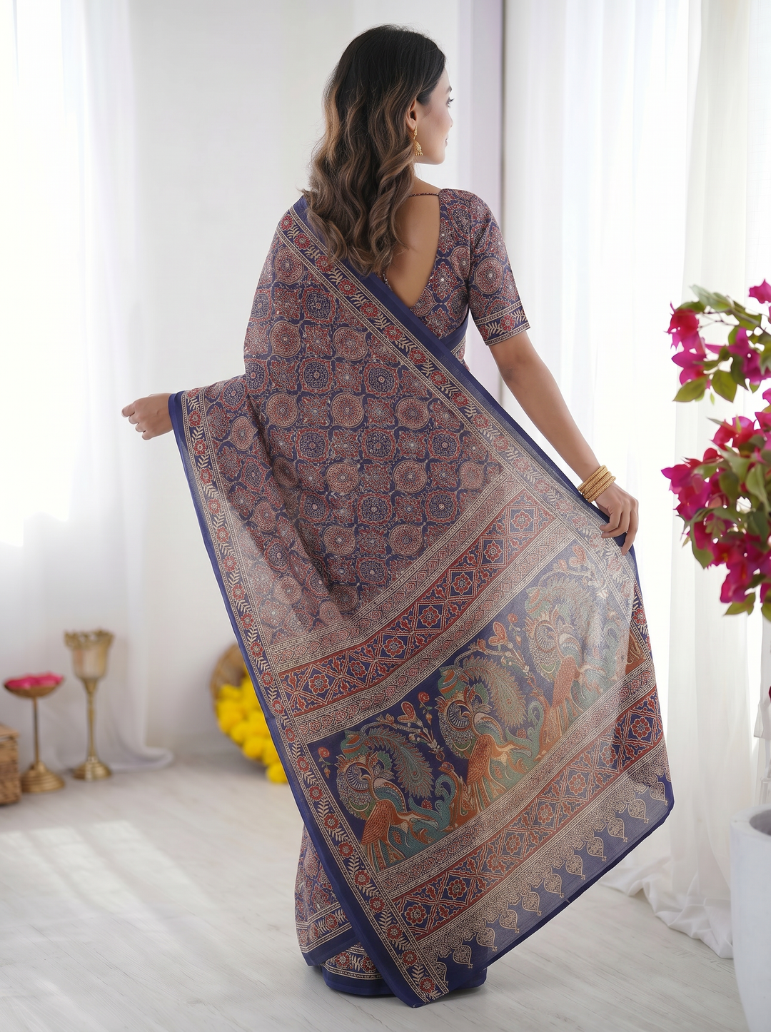 Royal Blue Modal Silk Saree with Intricate Ajrakh-Inspired Geometric Prints, Peacock Artistic Pallu &amp; Traditional Border