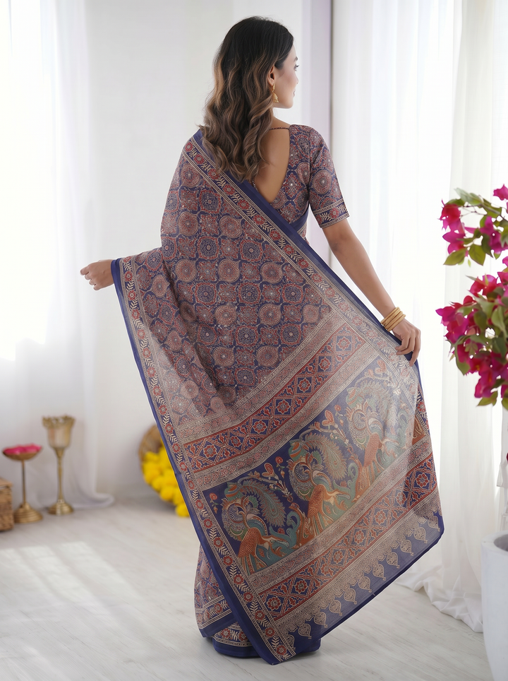Royal Blue Modal Silk Saree with Intricate Ajrakh-Inspired Geometric Prints, Peacock Artistic Pallu &amp; Traditional Border