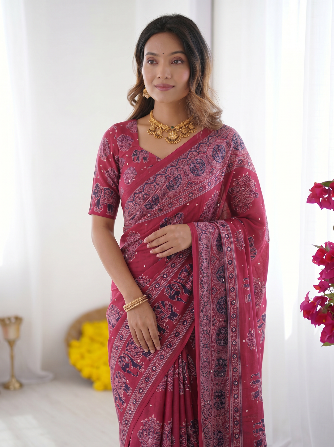 Rani Pink Modal Silk Saree with Elephant Motif Ajrakh Print &amp; Designer Pallu | Festive Ethnic Wear Saree