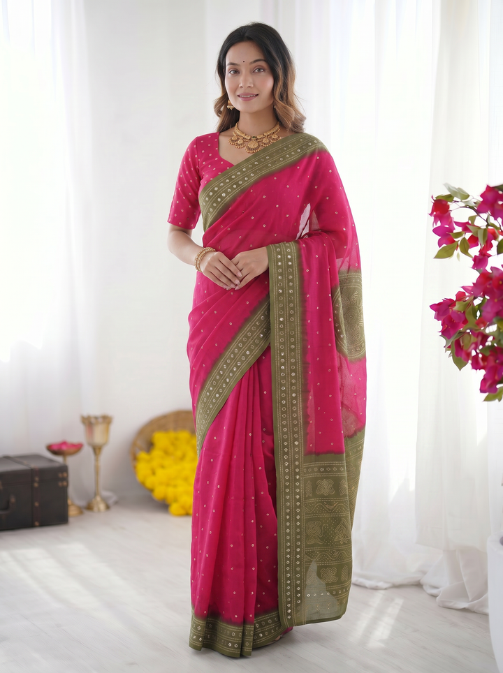 Rani Pink &amp; Olive Green Bandhani Inspired Modal Silk Saree with Traditional Folk Print Pallu &amp; Stone Embellishments