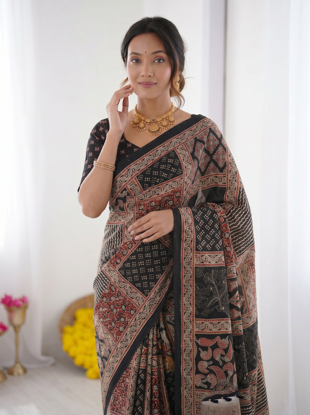 Black Modal Silk Saree with Tribal &amp; Geometric Print | Designer Heritage Pallu Saree for Festive Wear