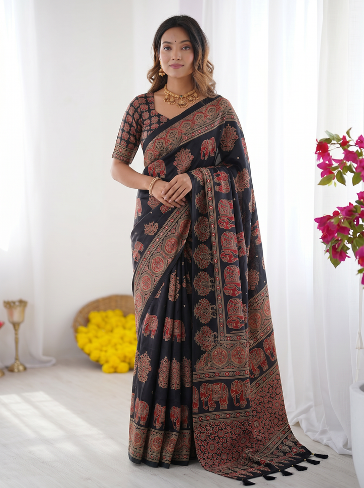 Black Modal Silk Saree with Elephant Motif Ajrakh Print &amp; Heritage Designer Pallu | Traditional Festive Wear Saree