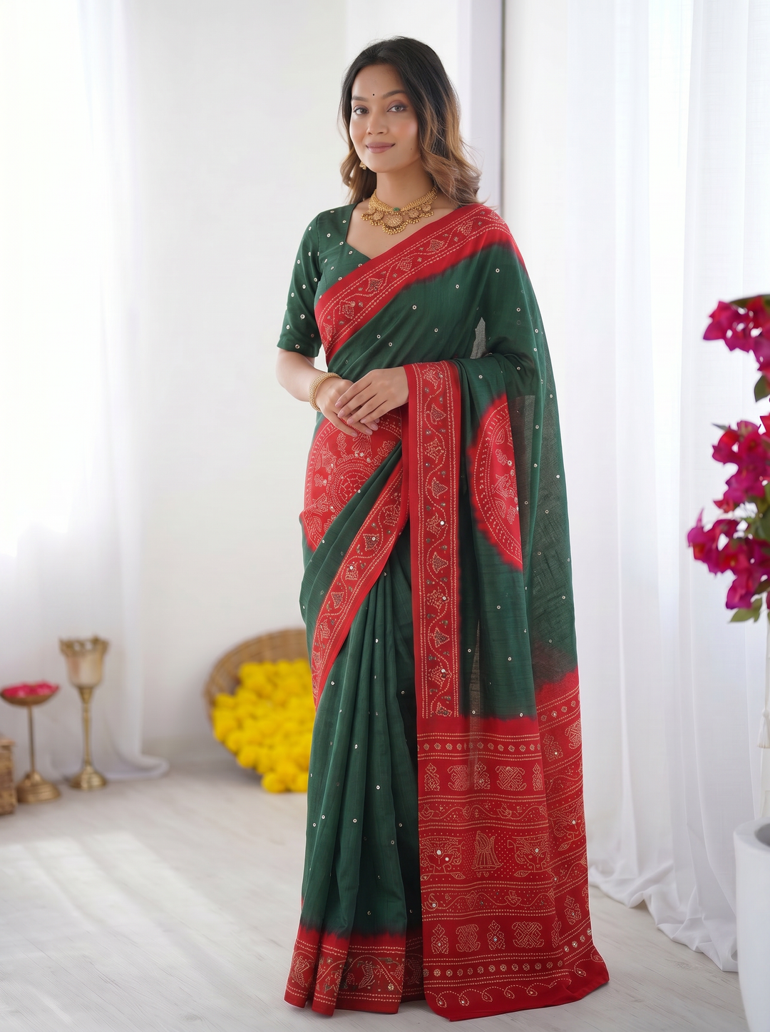 Bottle Green &amp; Ruby Red Bandhani Inspired Cotton Silk Saree with Traditional Folk Print Border &amp; Designer Pallu