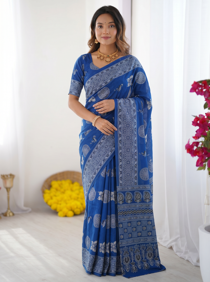 Royal Blue Modal Silk Saree with Paisley &amp; Circular Motif Print | Designer Heritage Pallu Saree for Festive Wear