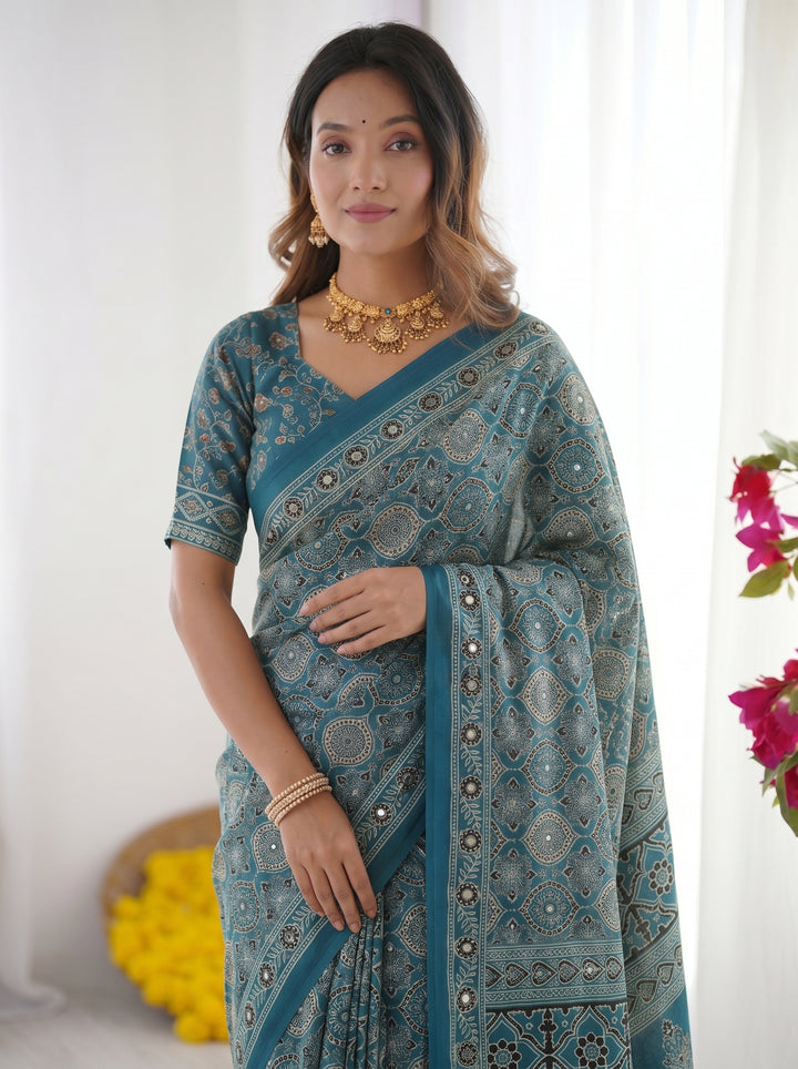 Teal Blue Modal Silk Saree with Heritage Geometric Motifs, Intricate Printed Border &amp; Traditional Designer Pallu