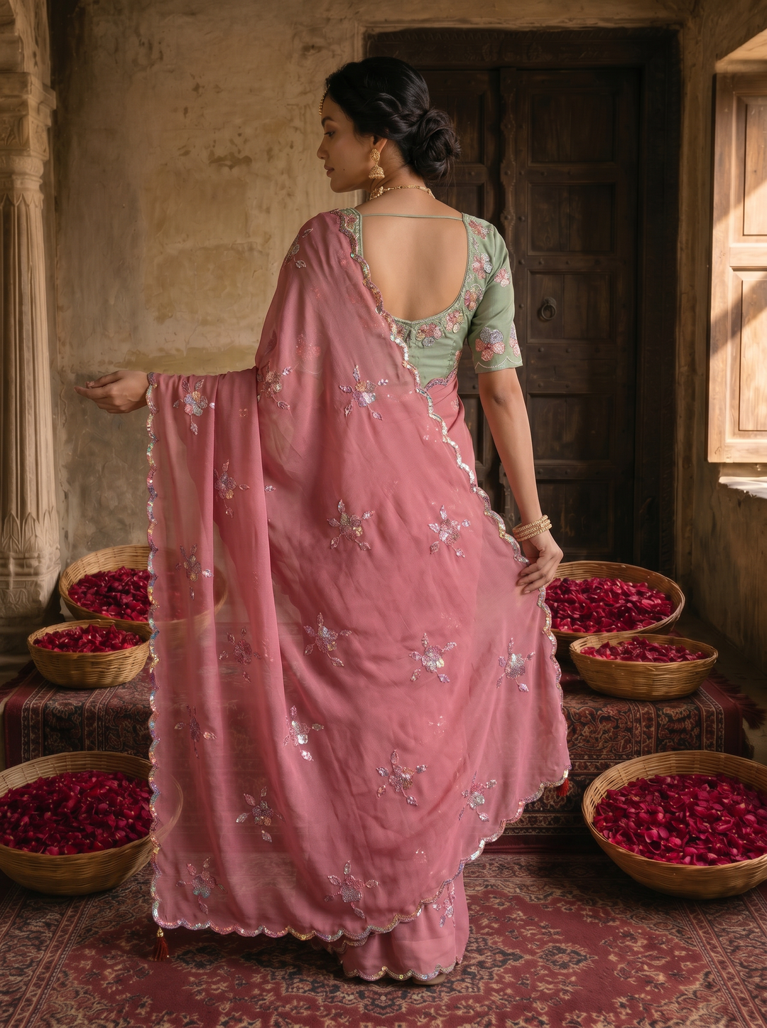 Dusty Rose Pink Georgette Embroidered Saree with Floral Sequin Work &amp; Contrast Designer Blouse