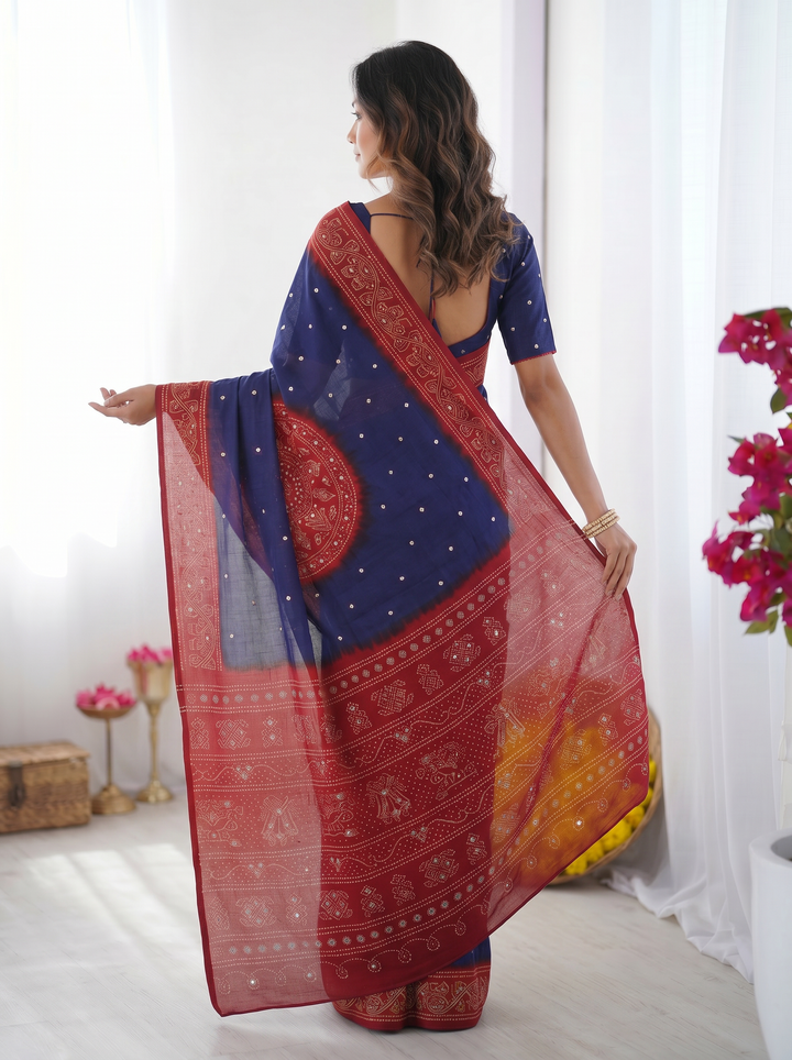 Royal Blue &amp; Crimson Red Bandhani Inspired Modal Silk Saree with Traditional Folk Art Pallu &amp; Stone Embellishments