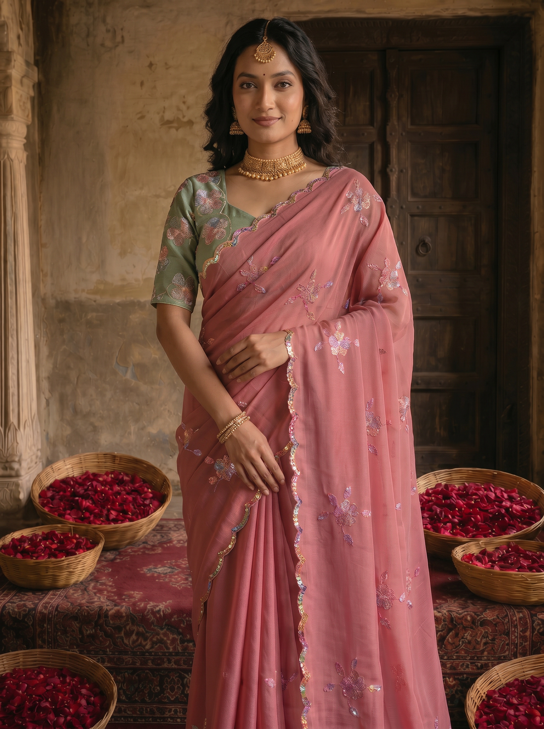 Dusty Rose Pink Georgette Embroidered Saree with Floral Sequin Work &amp; Contrast Designer Blouse