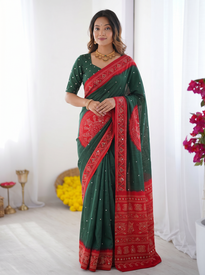 Bottle Green &amp; Ruby Red Bandhani Inspired Cotton Silk Saree with Traditional Folk Print Border &amp; Designer Pallu