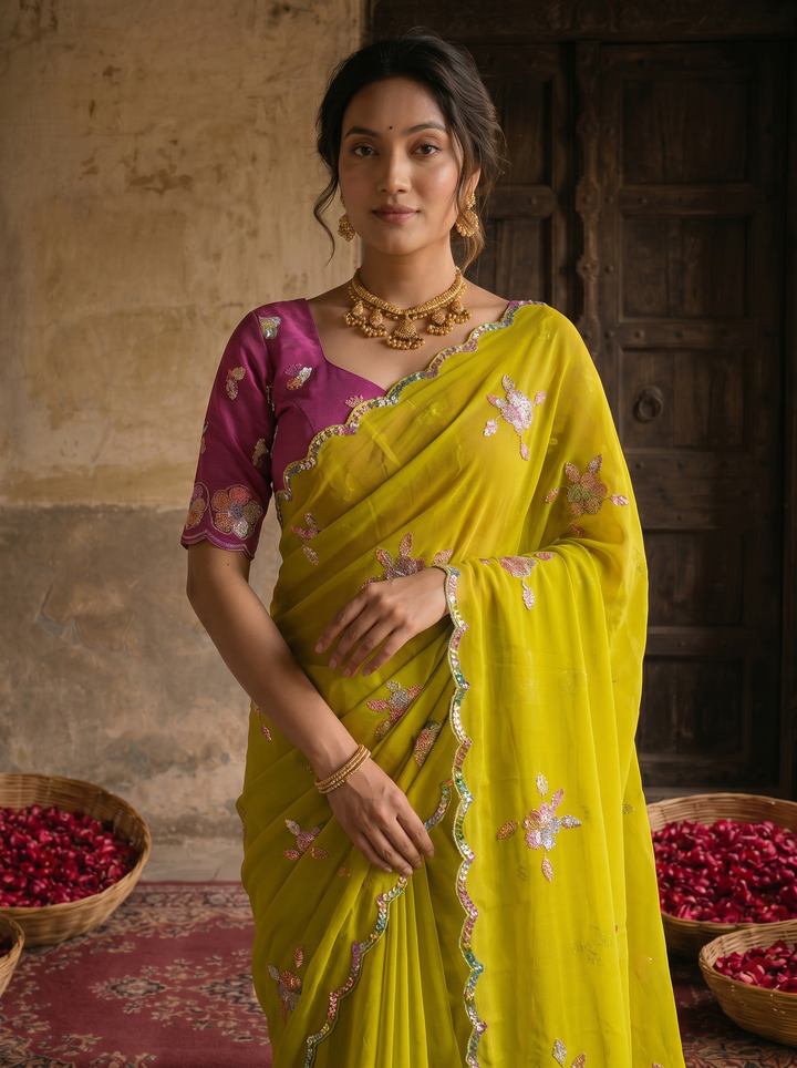 Lime Yellow Georgette Embroidered Saree with Floral Sequin Work &amp; Contrast Magenta Blouse