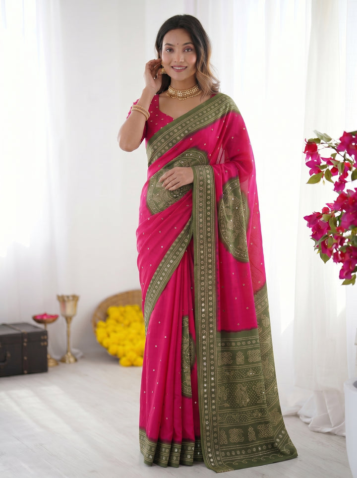 Rani Pink &amp; Olive Green Bandhani Inspired Modal Silk Saree with Traditional Folk Print Pallu &amp; Stone Embellishments