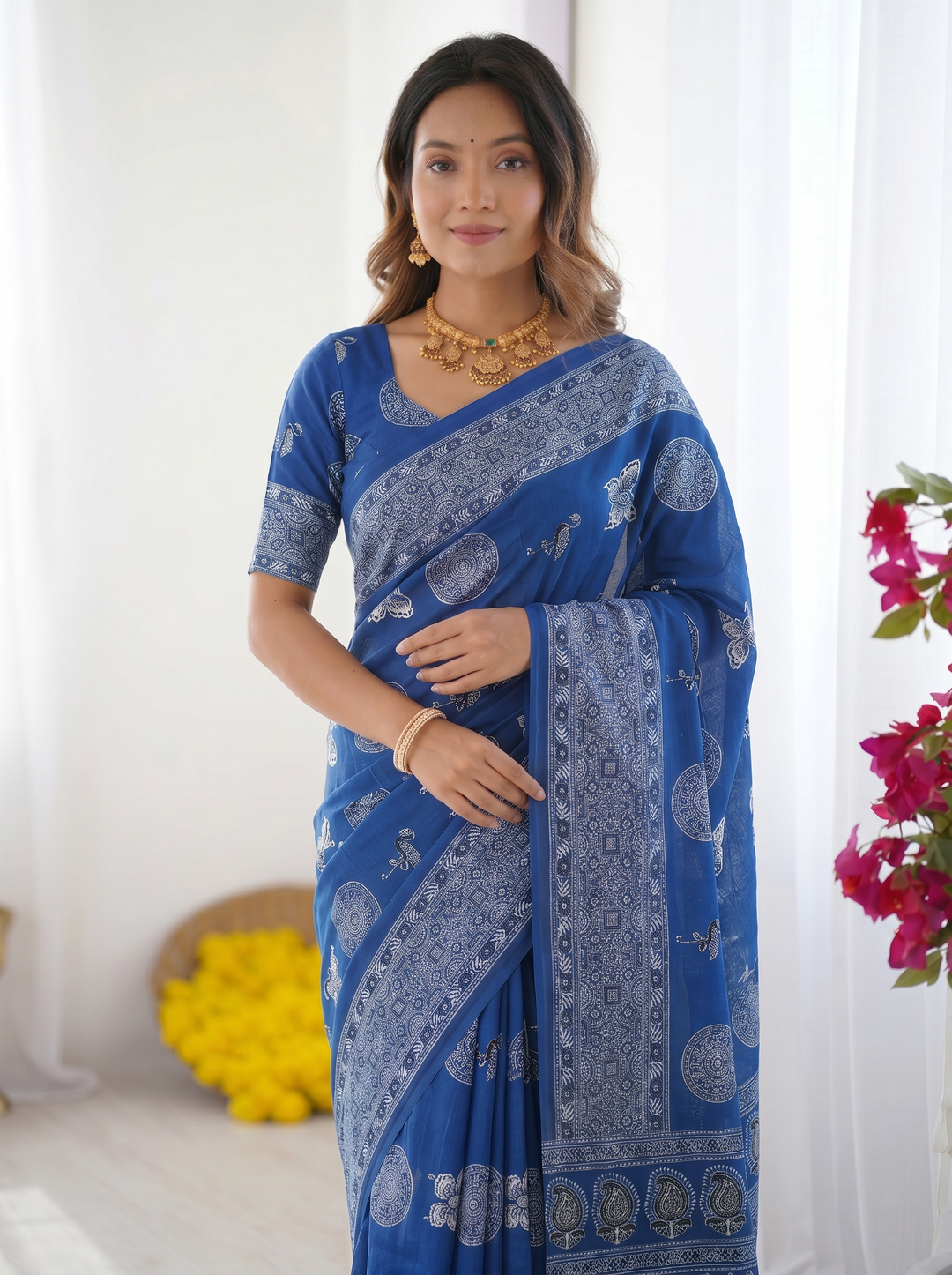 Royal Blue Modal Silk Saree with Paisley &amp; Circular Motif Print | Designer Heritage Pallu Saree for Festive Wear