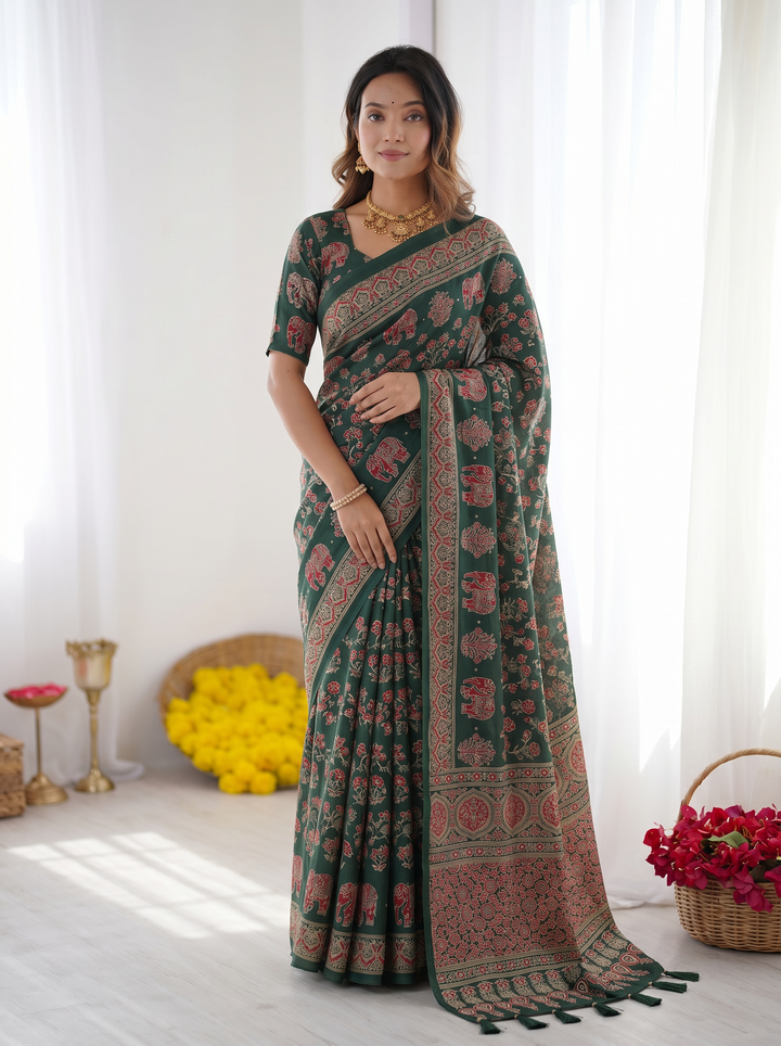 Forest Green Modal Silk Saree with Elephant Motif Ajrakh Print &amp; Designer Heritage Pallu | Traditional Festive Wear Saree