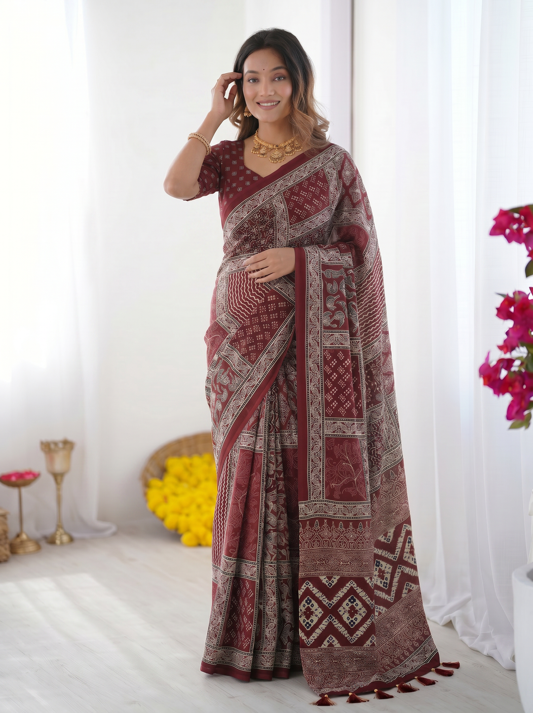 Maroon Modal Silk Saree with Tribal &amp; Geometric Print | Designer Ethnic Pallu Saree for Festive &amp; Cultural Wear