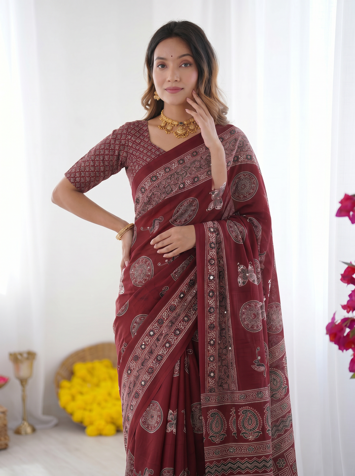 Maroon Modal Silk Saree with Paisley &amp; Circular Motif Print | Designer Heritage Pallu Saree for Festive Wear