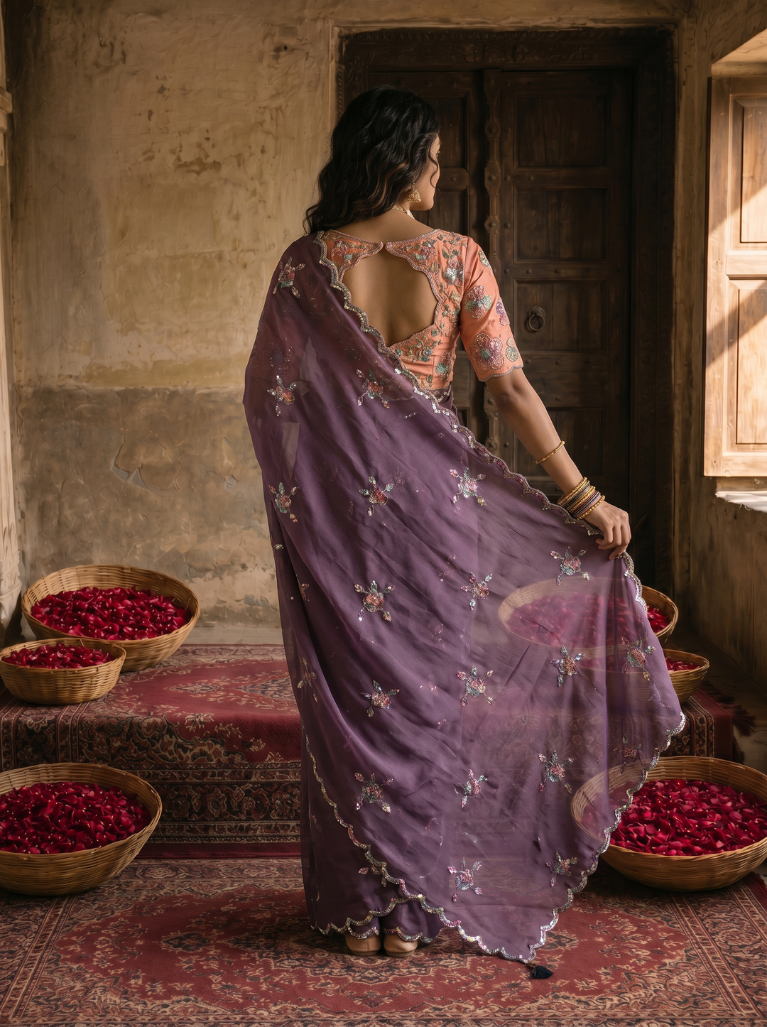 Dusty Lavender Georgette Embroidered Saree with Floral Sequin Work &amp; Peach Designer Blouse