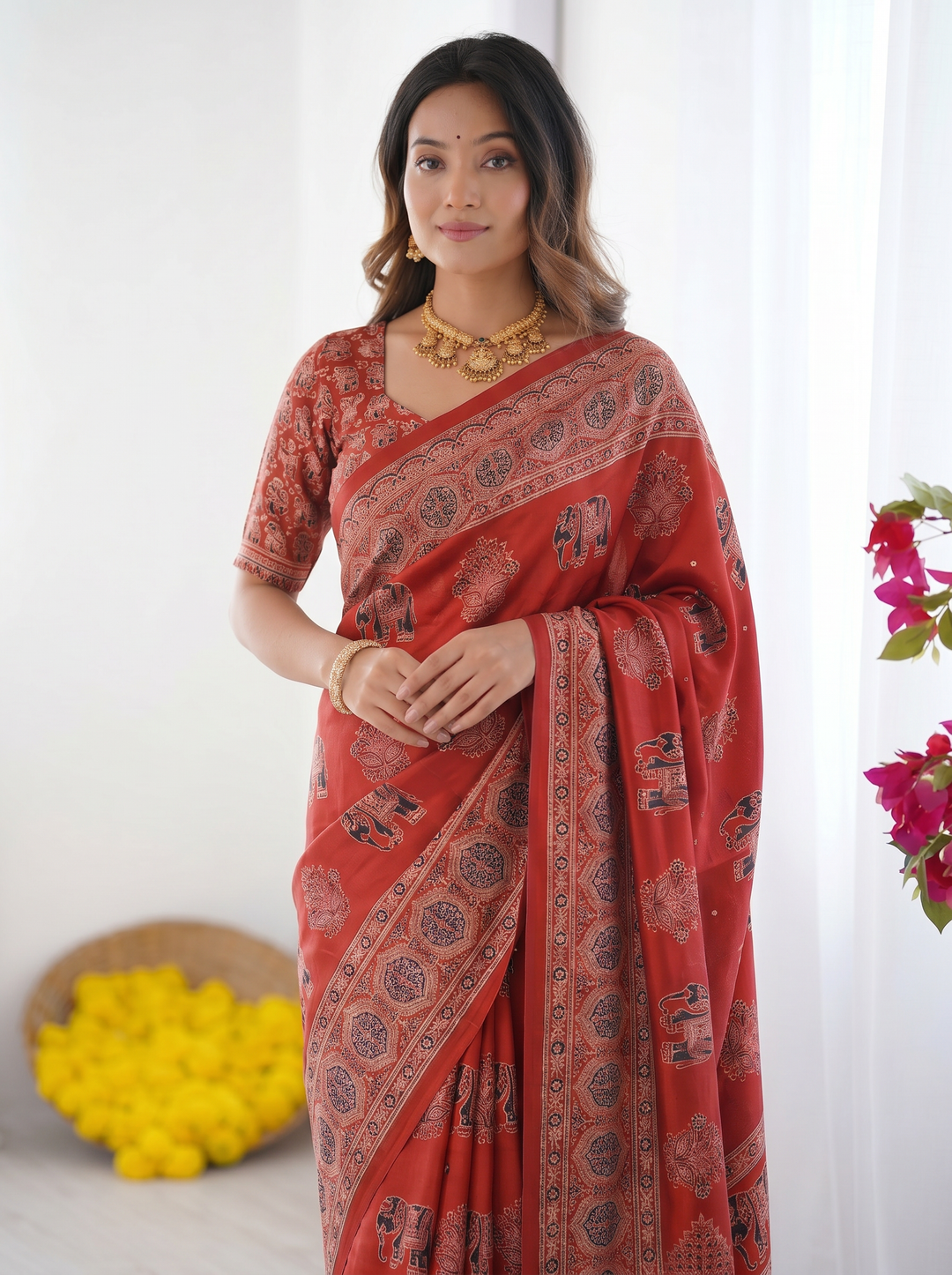 Rust Red Modal Silk Saree with Elephant Motif Ajrakh Print &amp; Designer Pallu | Traditional Ethnic Festive Wear Saree