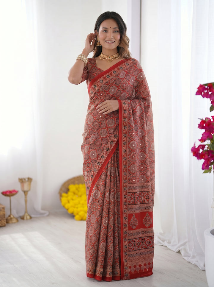 Rustic Brick Red Modal Silk Saree with Heritage Geometric Motifs, Traditional Designer Border &amp; Artistic Pallu