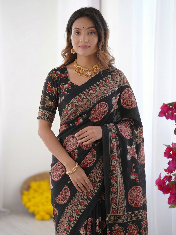 Black Modal Silk Saree with Traditional Ajrakh-Inspired Circular Motif Print &amp; Designer Pallu | Festive &amp; Ethnic Wear Saree