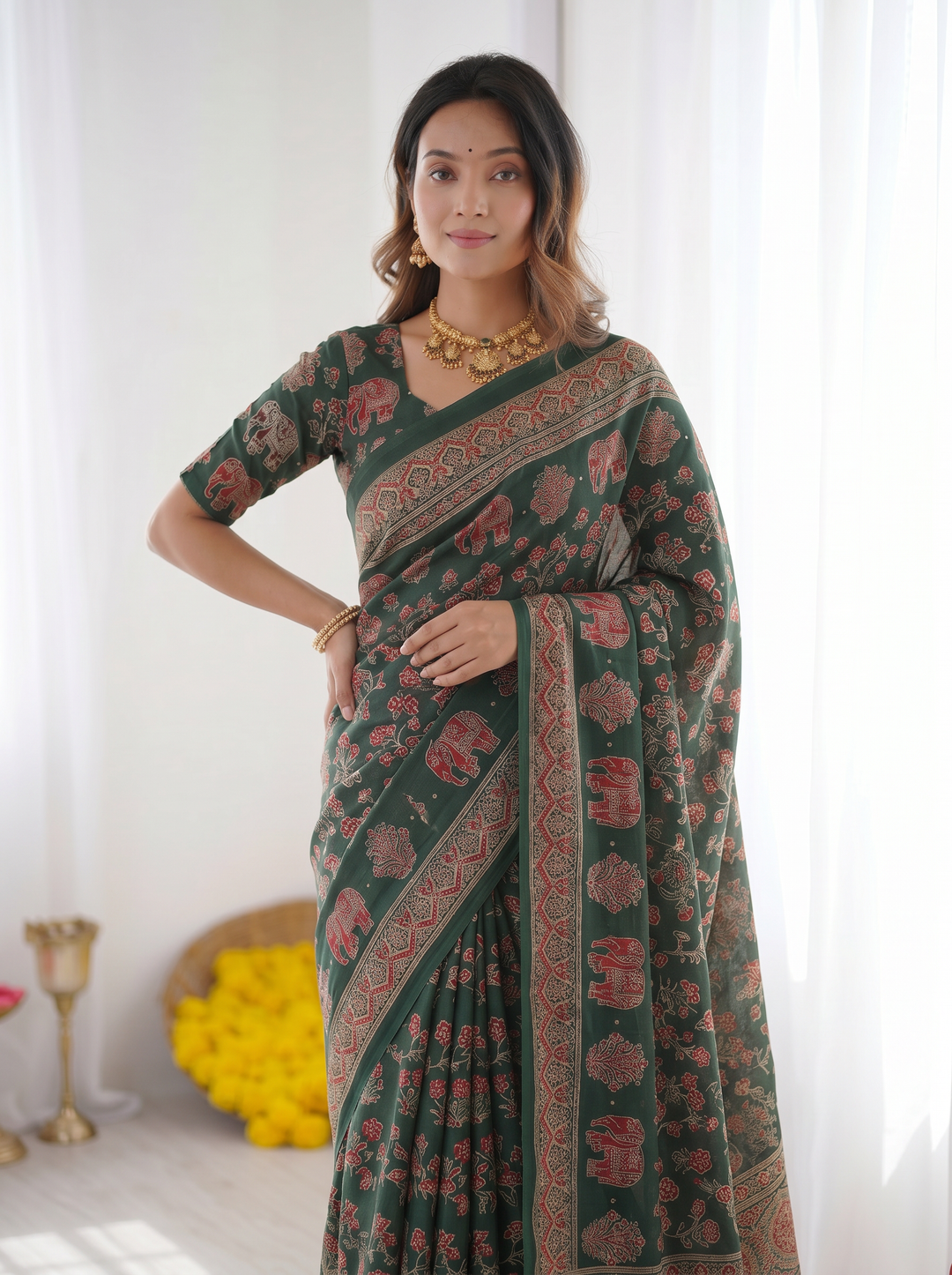 Forest Green Modal Silk Saree with Elephant Motif Ajrakh Print &amp; Designer Heritage Pallu | Traditional Festive Wear Saree