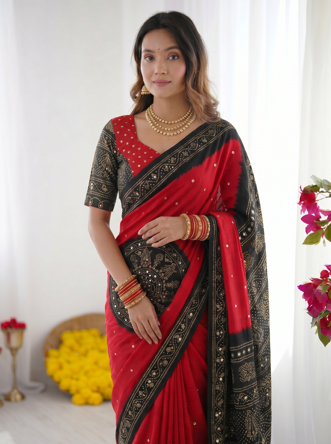 Crimson Red &amp; Black Modal Silk Saree with Traditional Bandhani Inspired Motifs, Stone Work &amp; Heritage Folk Art Pallu