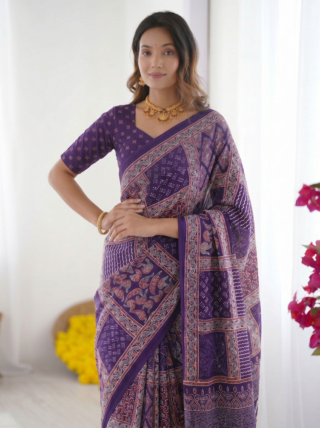Royal Purple Modal Silk Saree with Tribal &amp; Geometric Print | Designer Ethnic Pallu Saree for Festive Wear
