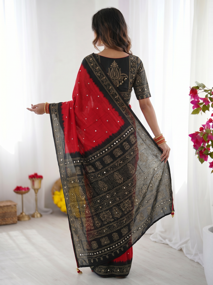 Crimson Red &amp; Black Modal Silk Saree with Traditional Bandhani Inspired Motifs, Stone Work &amp; Heritage Folk Art Pallu