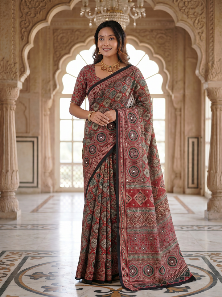 Vintage Rose Pure Modal Silk Saree with Intricate Heritage Mandala Print &amp; Designer Ethnic Pallu